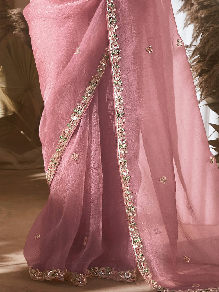 Pretty Pink Organza Border Work Saree With Floral Printed Blouse