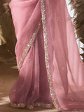 Pretty Pink Organza Border Work Saree With Floral Printed Blouse
