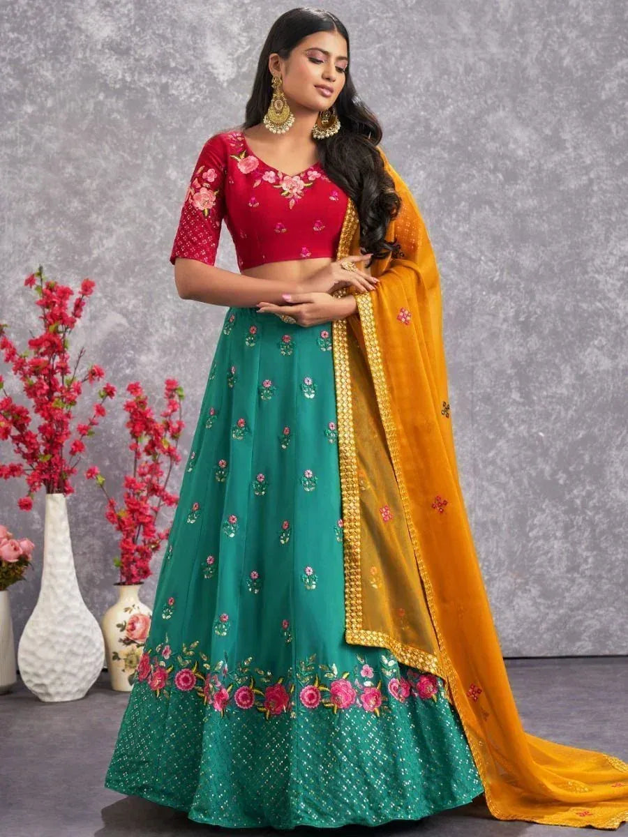 Red and green embroidered lehenga choli with yellow dupatta, Indian ethnic wear for women