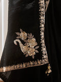 Black saree with gold floral embroidery and embellishments