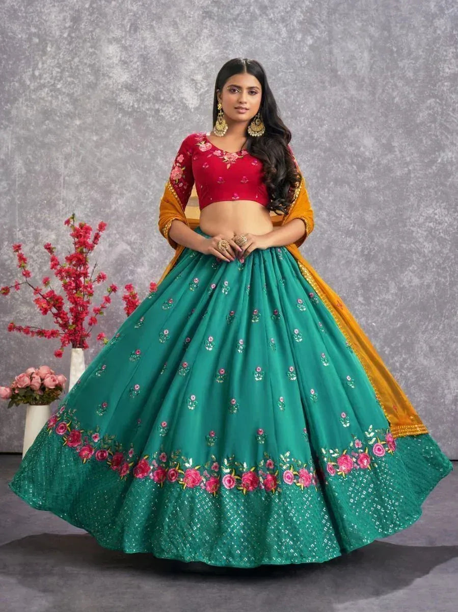 Teal floral lehenga choli with red blouse and gold dupatta, Indian ethnic wear for weddings