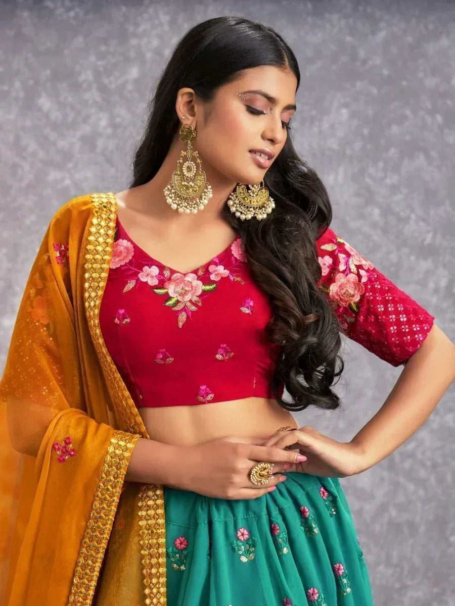 Red floral embroidered blouse with green lehenga and gold dupatta, Indian ethnic wear