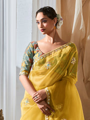 Gleaming Yellow Butti Work Haldi Wear Saree With Printed Blouse