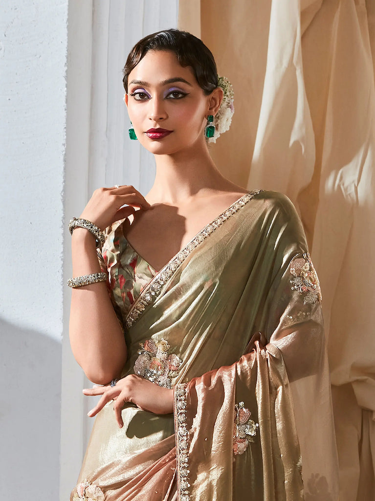 Stunning Light Green Floral Embroidered Ombre Saree With Blouse