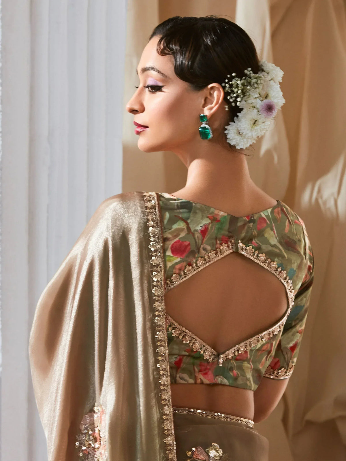 Floral print saree blouse with gold embroidery, back cutout design, and matching dupatta for Indian ethnic wear