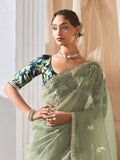 Wonderful Pastel Green Butti Work Reception Wear Saree With Blouse