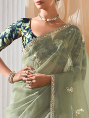 Wonderful Pastel Green Butti Work Reception Wear Saree With Blouse
