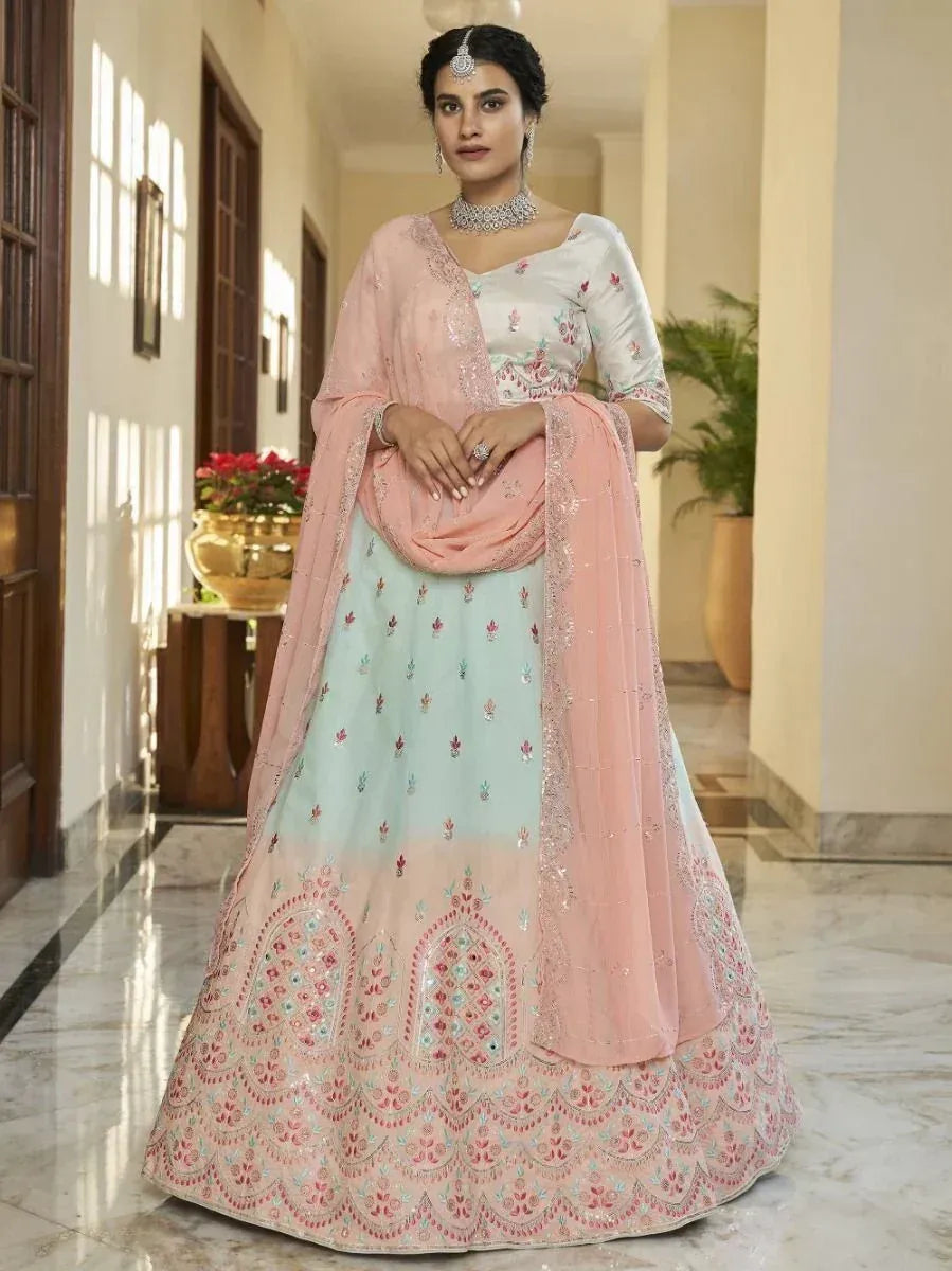 Pastel pink and mint green embroidered lehenga choli with dupatta, Indian ethnic wear for weddings and festivals
