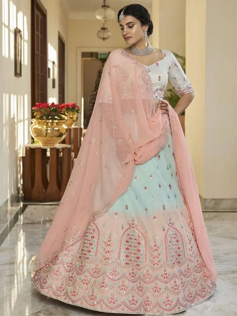 Gorgeous Sky-Peach Sequins Work Silk Lehenga Choli