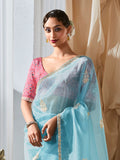 Precious Sky Blue Organza Thread Work Saree With Pink Blouse