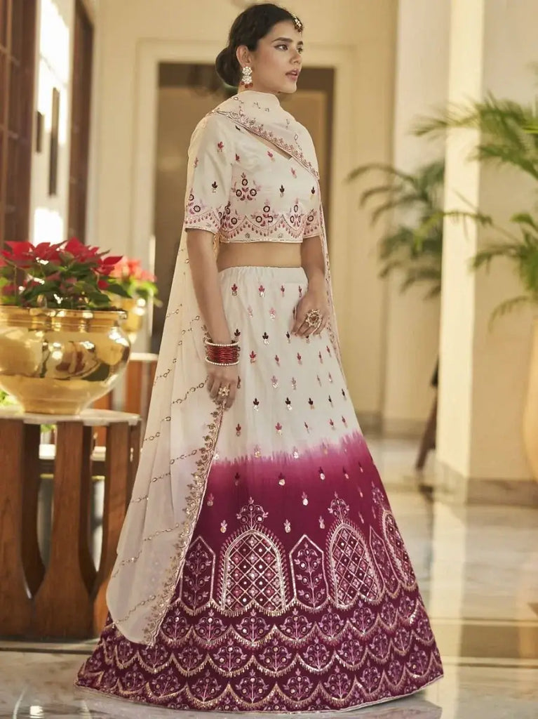 Enchanting Beige-Maroon Sequins Work Silk Lehenga Choli