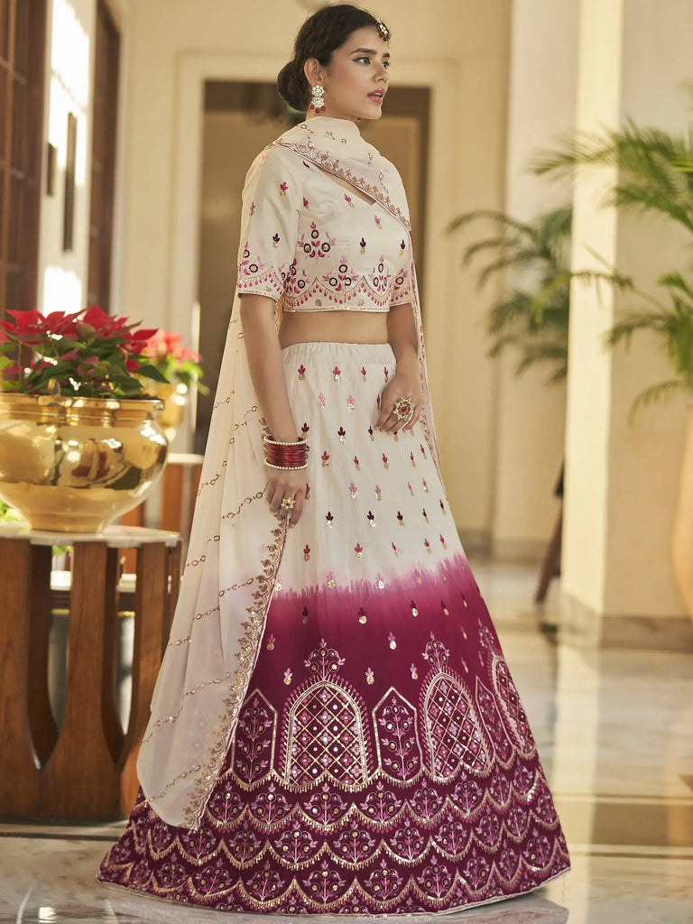 Enchanting Beige-Maroon Sequins Work Silk Lehenga Choli