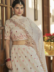 Enchanting Beige-Maroon Sequins Work Silk Lehenga Choli
