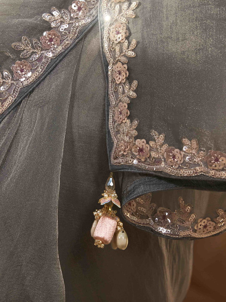Regal Grey Organza Border Work Traditional Saree With Peach Blouse