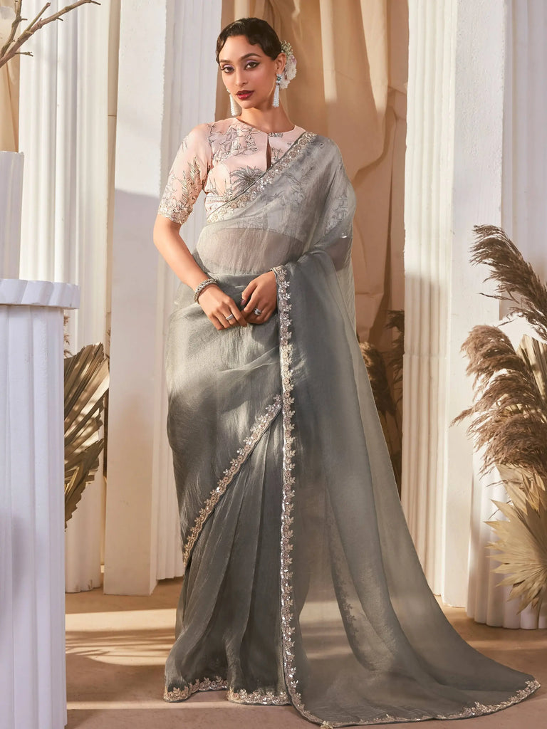 Regal Grey Organza Border Work Traditional Saree With Peach Blouse