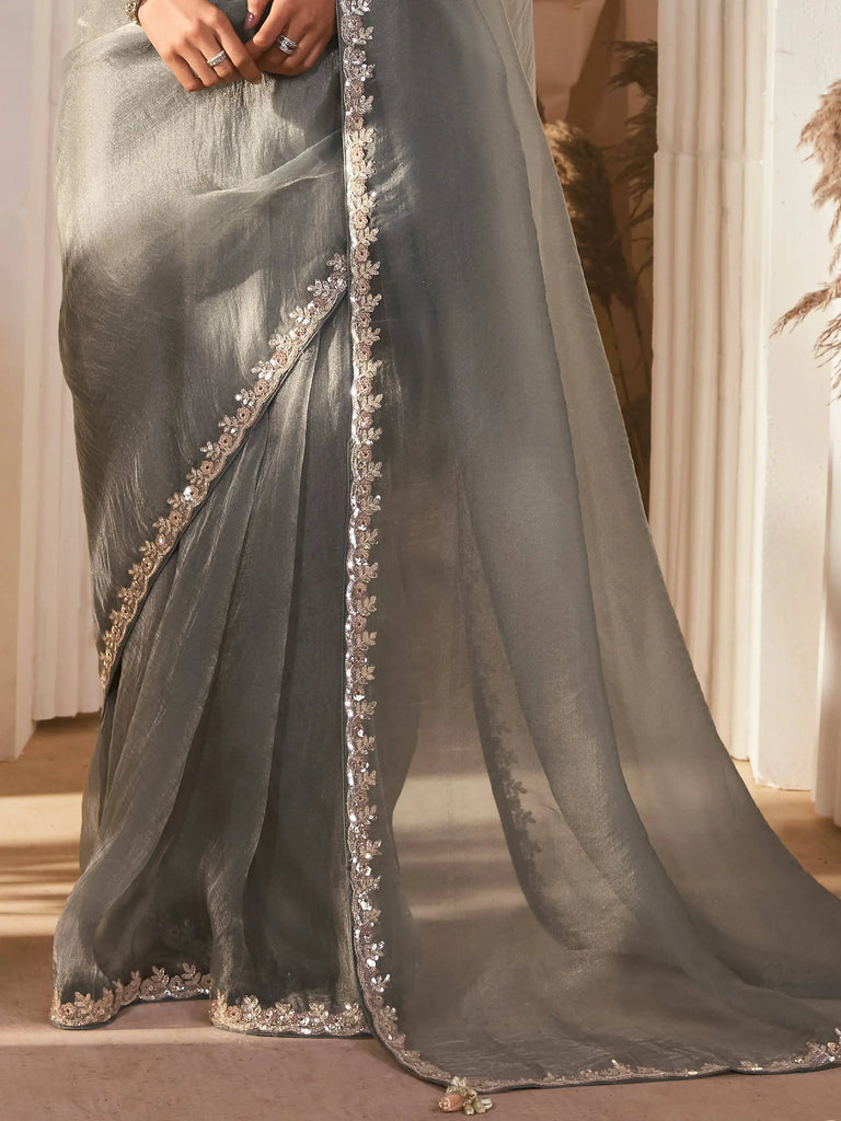 Regal Grey Organza Border Work Traditional Saree With Peach Blouse