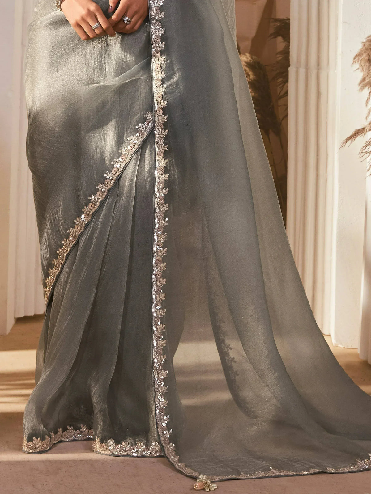 Grey designer saree with sequin embroidery, Indian ethnic wear for women