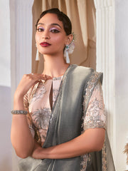 Regal Grey Organza Border Work Traditional Saree With Peach Blouse
