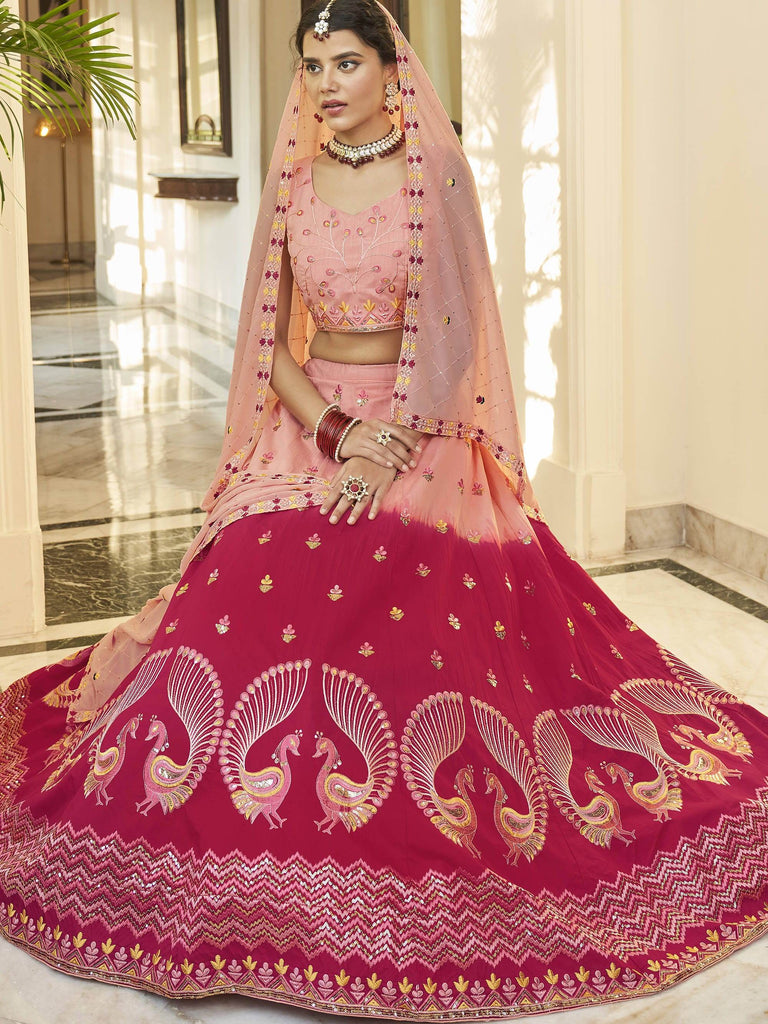 Stunning Peach-Pink Sequins Work Silk Lehenga Choli