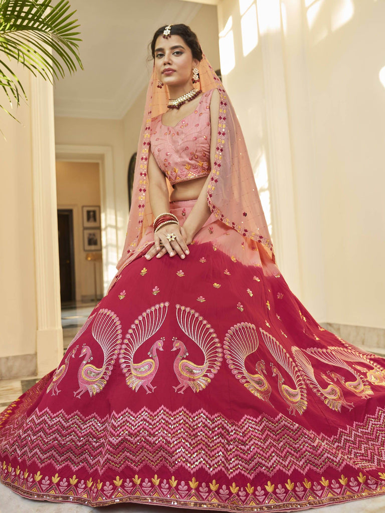 Stunning Peach-Pink Sequins Work Silk Lehenga Choli