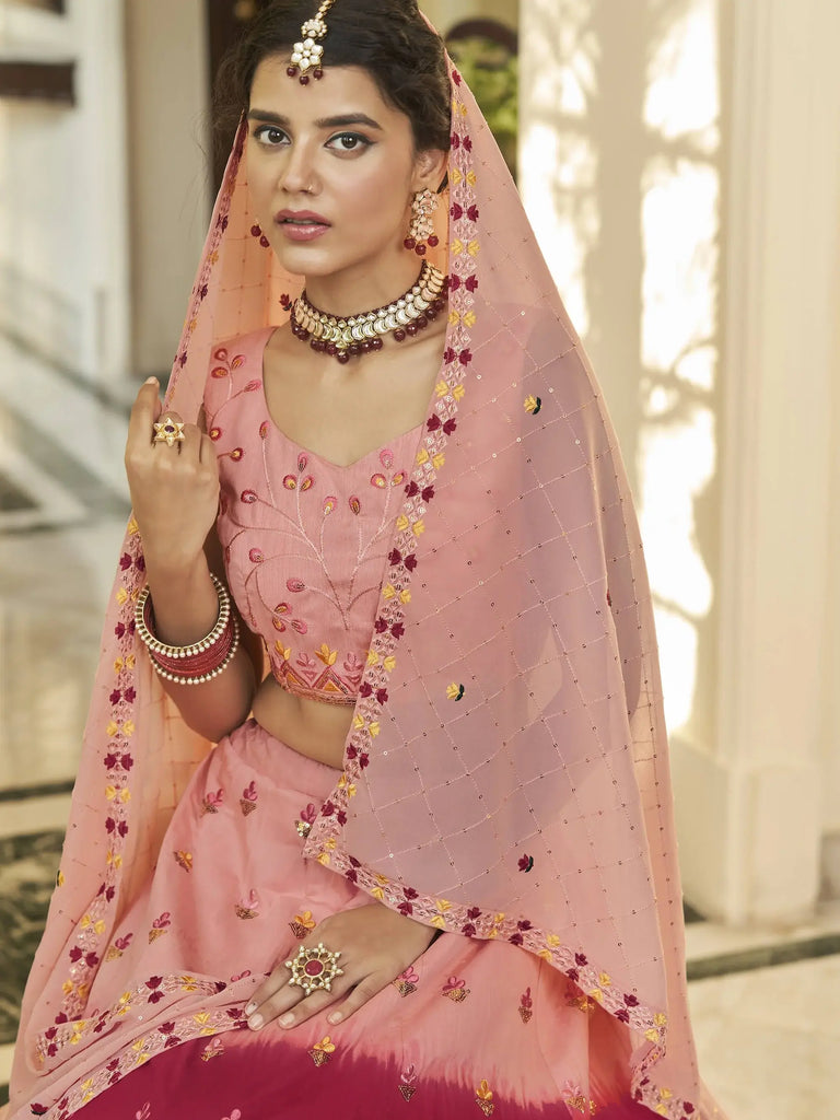 Stunning Peach-Pink Sequins Work Silk Lehenga Choli