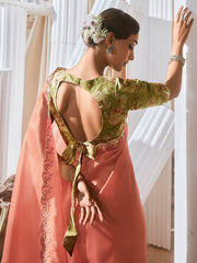 Tantalizing Peach Border Work Organza Festival Wear Saree With Blouse