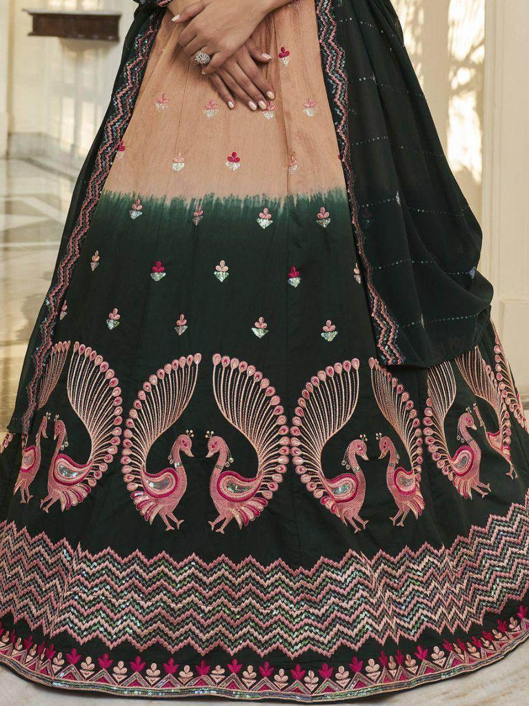 Astonishing Orange-Green Sequins Work Silk Lehenga Choli