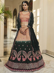 Astonishing Orange-Green Sequins Work Silk Lehenga Choli