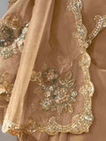 Mesmerizing Beige Organza Border Work Saree With Green Printed Blouse