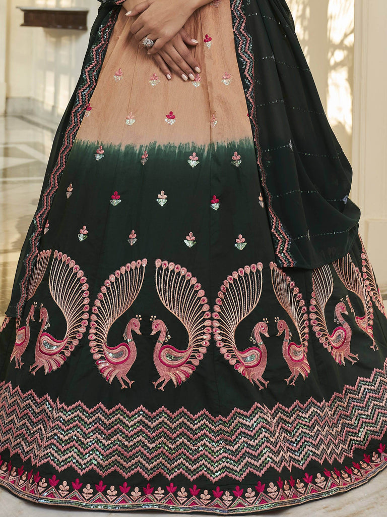 Astonishing Orange-Green Sequins Work Silk Lehenga Choli