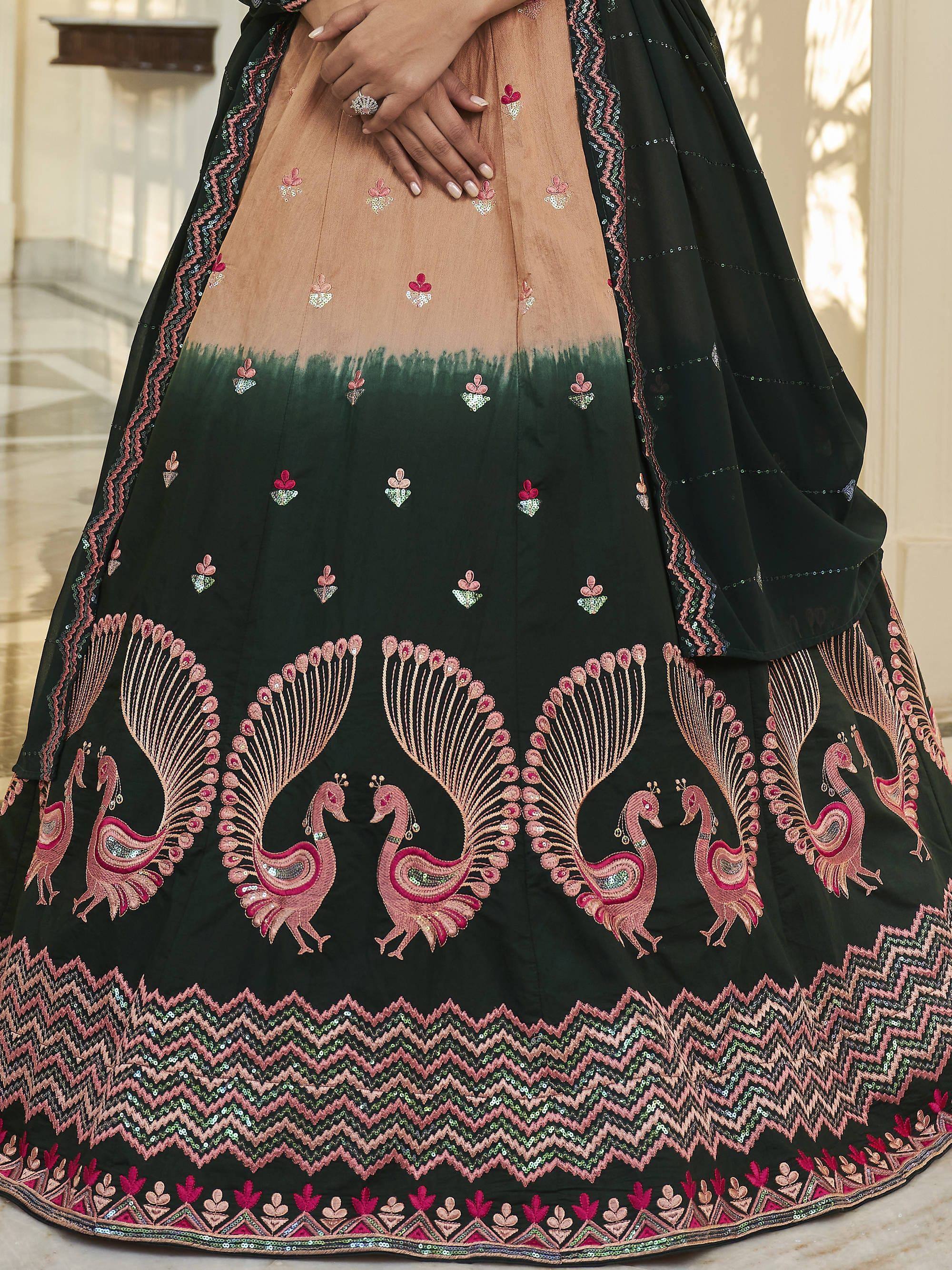 Astonishing Orange-Green Sequins Work Silk Lehenga Choli