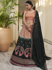 Astonishing Orange-Green Sequins Work Silk Lehenga Choli
