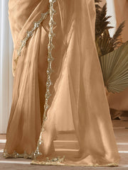 Mesmerizing Beige Organza Border Work Saree With Green Printed Blouse