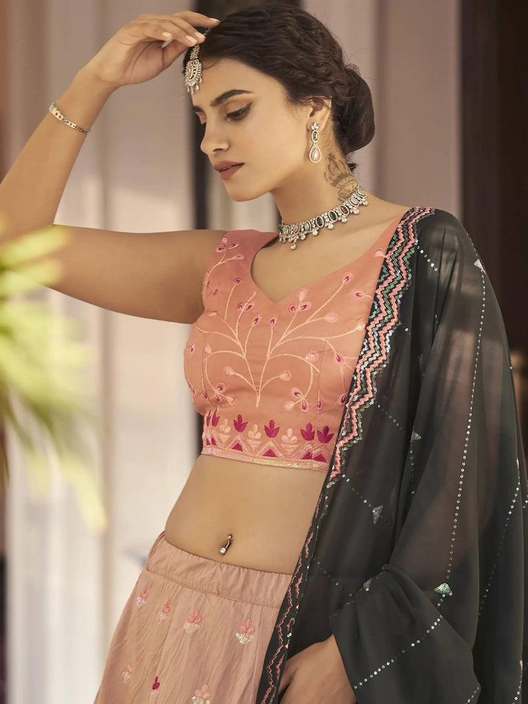 Astonishing Orange-Green Sequins Work Silk Lehenga Choli