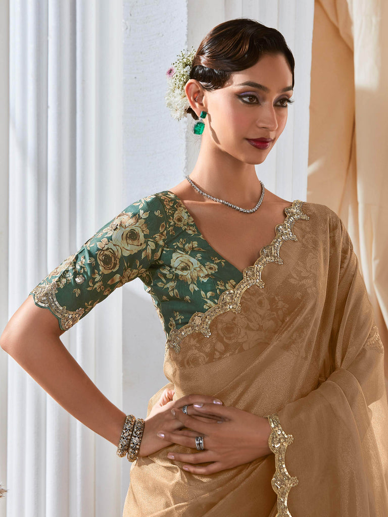 Mesmerizing Beige Organza Border Work Saree With Green Printed Blouse