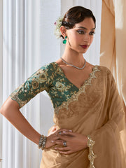 Mesmerizing Beige Organza Border Work Saree With Green Printed Blouse