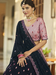 Ravishing Pink-Navy Blue Sequins Work Silk Lehenga Choli