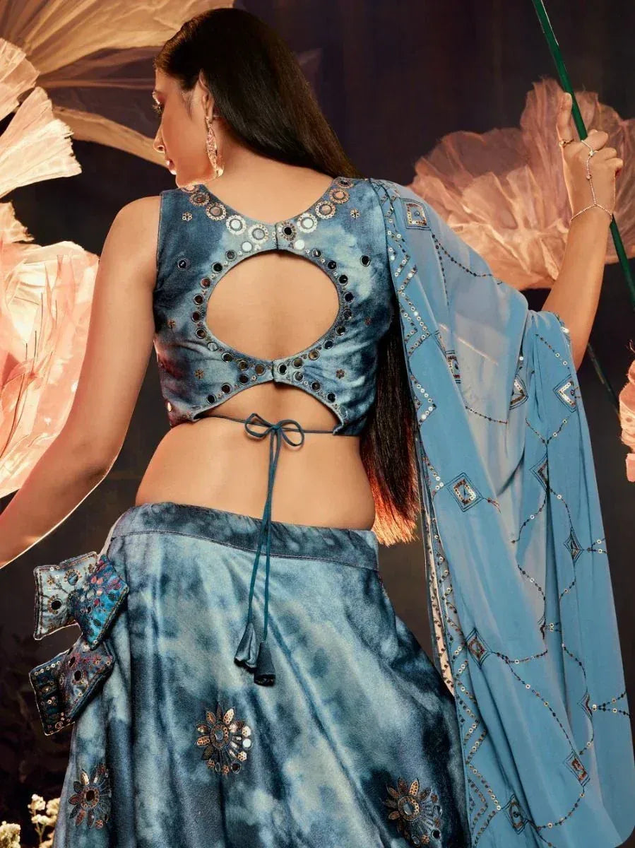 Blue tie-dye lehenga choli with back cutout and mirror work, ethnic Indian wear