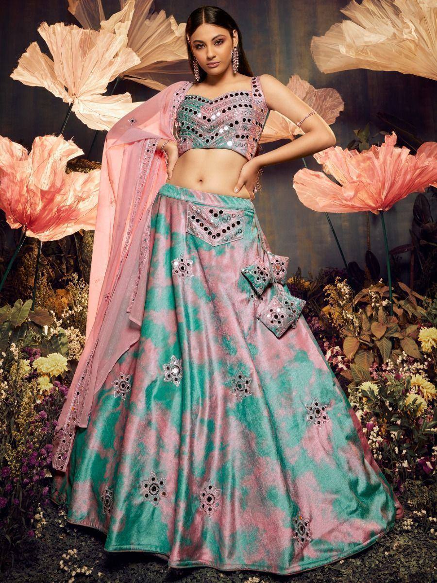 Pink and green tie-dye lehenga choli with mirror work, perfect for Indian ethnic wear events