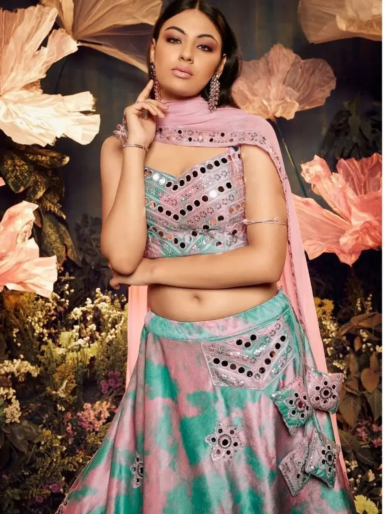Elegant Sky-Pink Sequins Embroidered Velvet Lehenga Choli