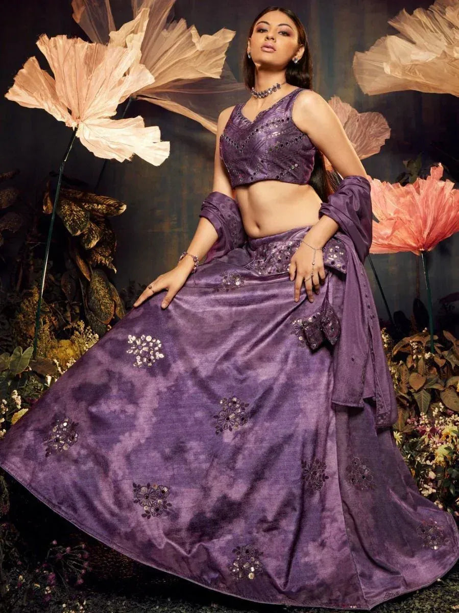Purple designer lehenga choli with floral embroidery, perfect for Indian ethnic occasions