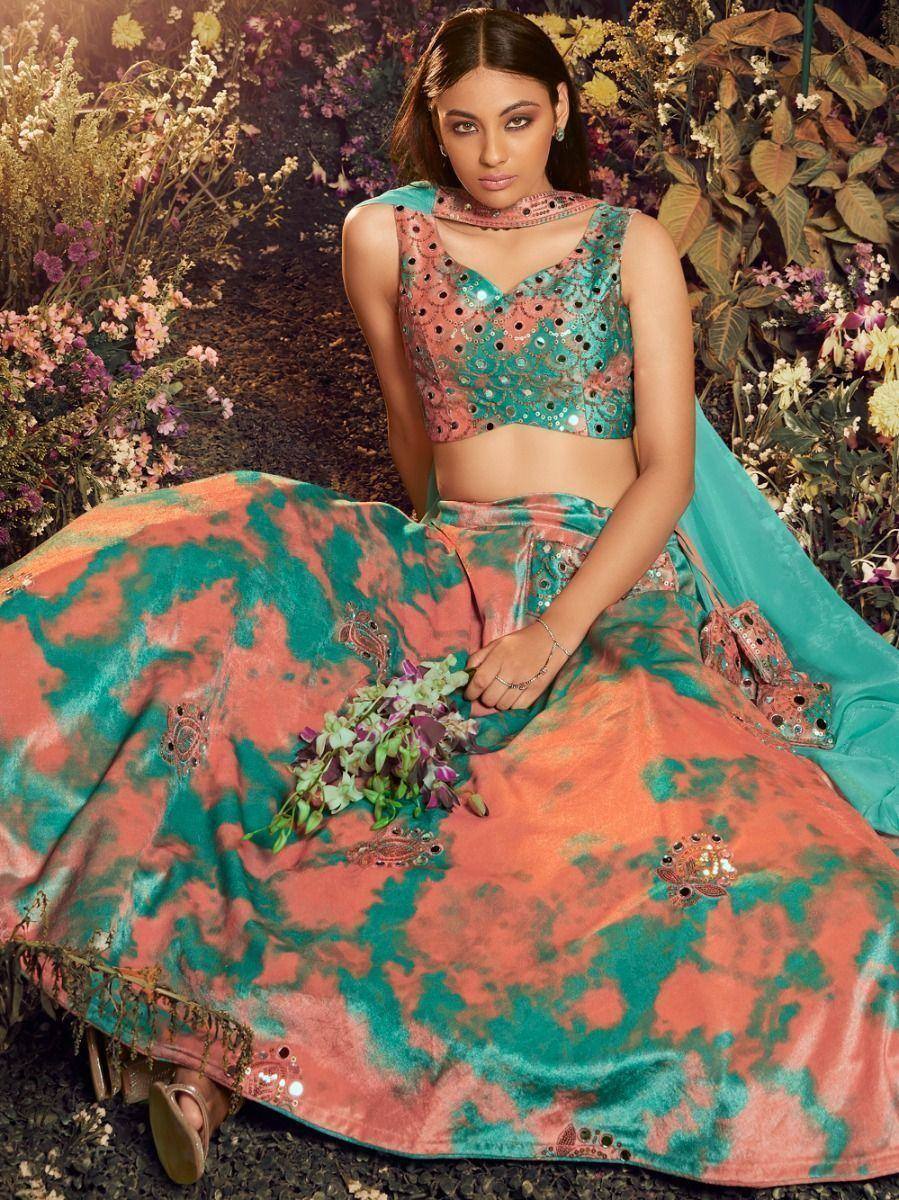 Teal and coral tie-dye lehenga choli with sequin embroidery, perfect for Indian ethnic wear events