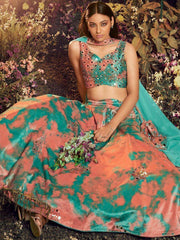 Beautiful Turquoise-Orange Sequins Embroidered Velvet Lehenga Choli