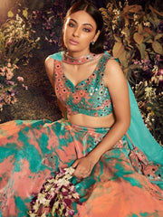 Beautiful Turquoise-Orange Sequins Embroidered Velvet Lehenga Choli