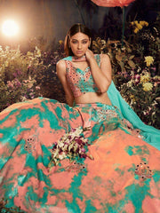 Beautiful Turquoise-Orange Sequins Embroidered Velvet Lehenga Choli