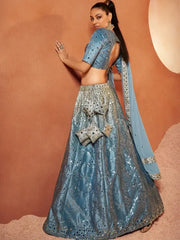 Beautiful Dusty-Sky Sequins Embroidered Velvet Lehenga Choli