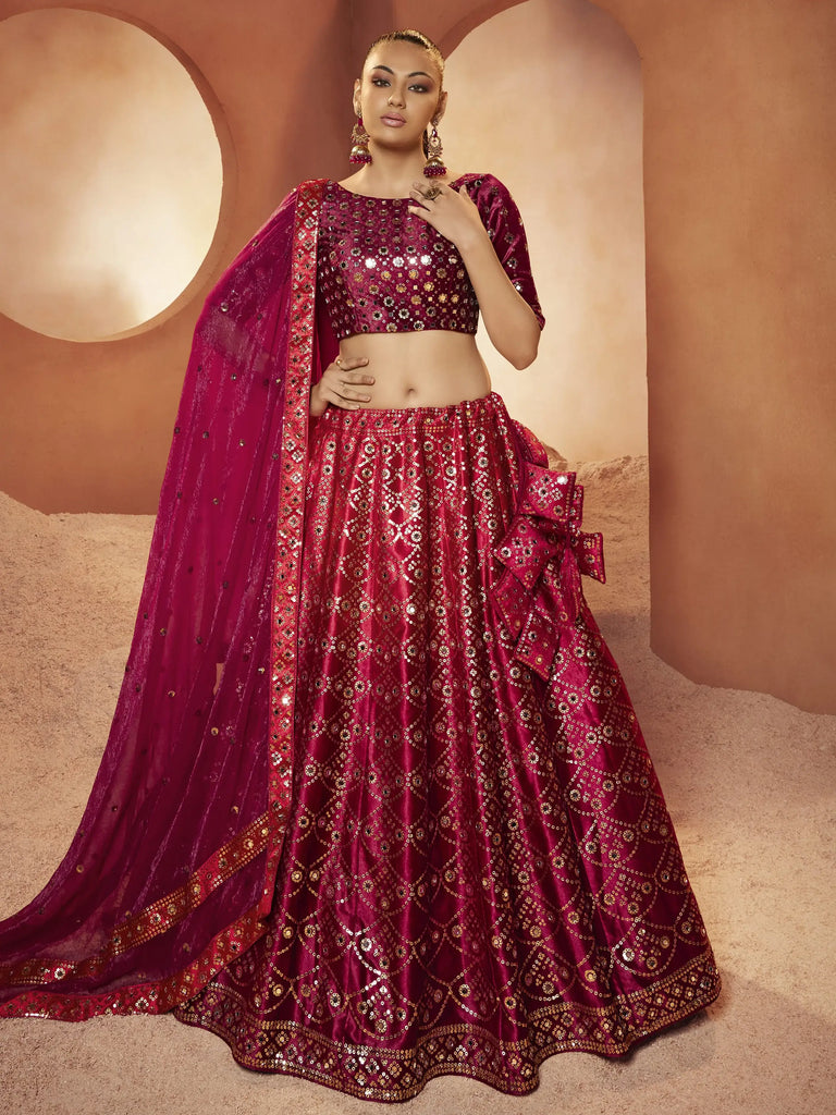 Exquisite Magenta Sequins Embroidered Velvet Lehenga Choli