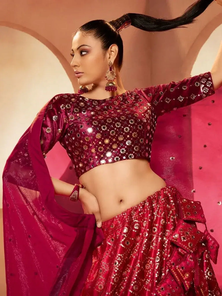 Exquisite Magenta Sequins Embroidered Velvet Lehenga Choli