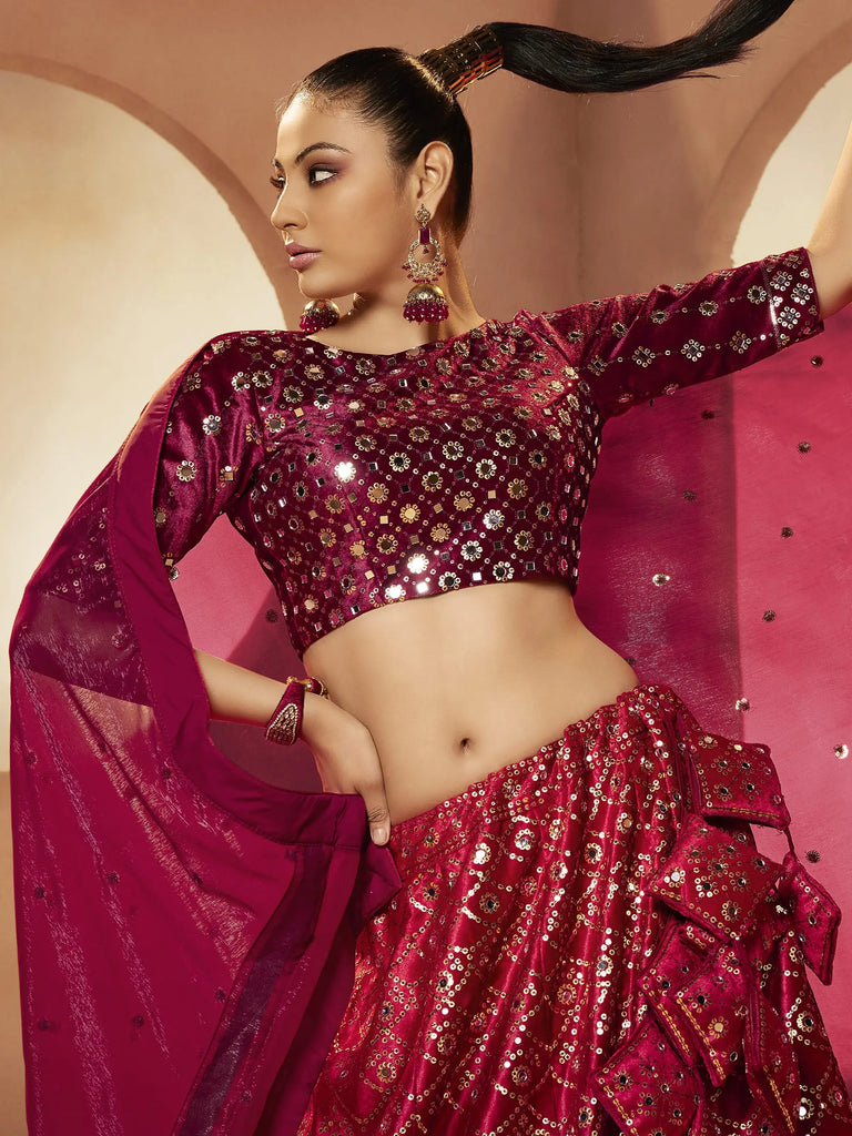 Exquisite Magenta Sequins Embroidered Velvet Lehenga Choli
