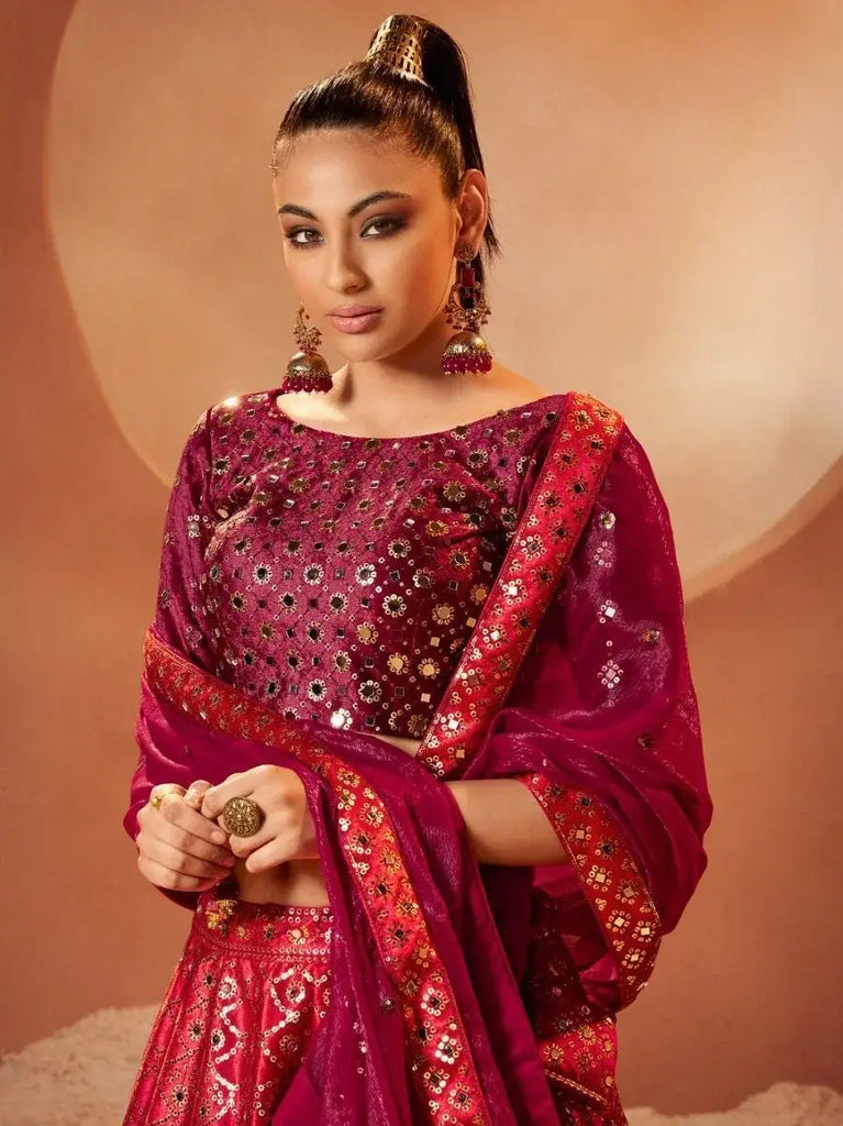 Exquisite Magenta Sequins Embroidered Velvet Lehenga Choli